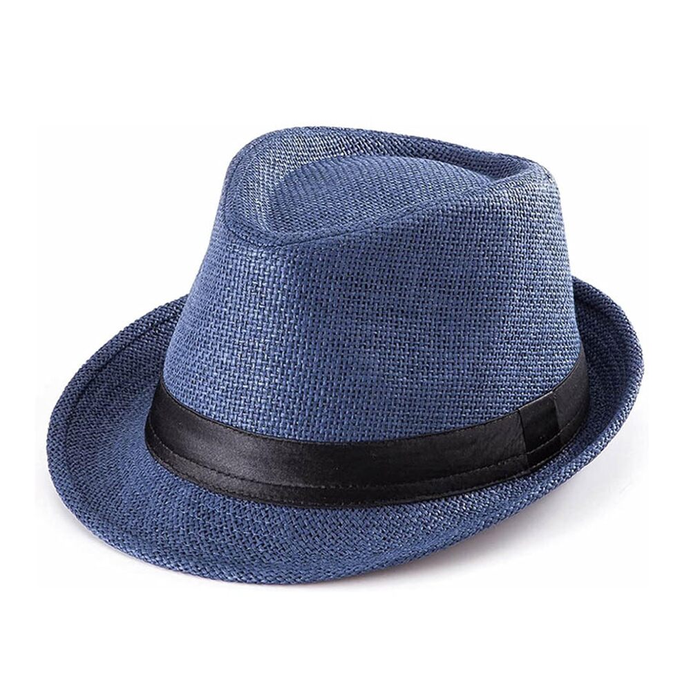 3317 Straw Fedora Hat Panama Hat Short Brim Summer Sun Hat Black Belt-Navy